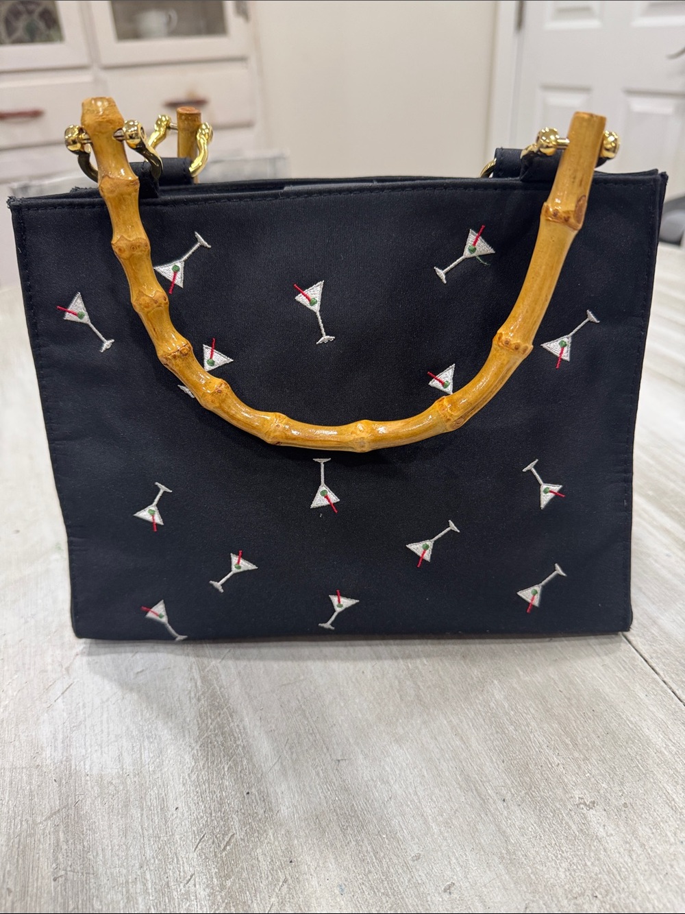 Black Cocktail-Embroidered Bamboo Handle Small Purse